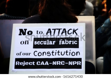 New Delhi, India January 2020 : Indian citizens with printed posters are protesting against anti muslim controversial citizenship amendment bill. Poster against the NRC, CAB, NPR and CAA at Delhi.