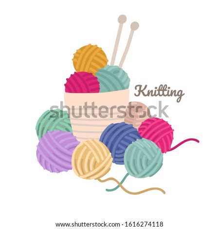 Basket with colored yarn balls and knitting needles. Knit clip art. Vector cartoon illustration. Isolated on white background.
