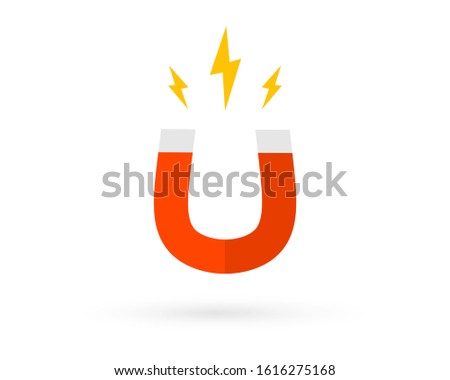 Magnet with lightning. Horseshoe Magnet with Magnetic Power. Magnetism, magnetize, attraction concept. Royalty-Free Stock Photo #1616275168