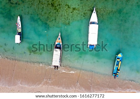 Aerial top shot from traditional boats at the harbor in Bali Indonesia