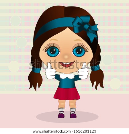 emoticon with a happy cool girl, you're awesome facial expression and thumbs up gesture, color vector emoji