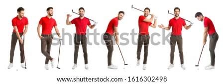 Collage with handsome male golfer on white background