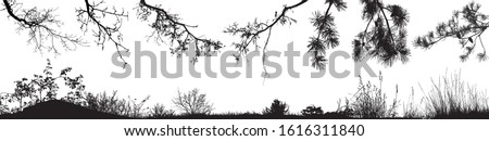 Vector set of natural tree branches, bushes and grass.