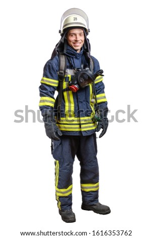 Young smiling firefighter with a mask and an air pack on his back in a fully protective suit on a white background