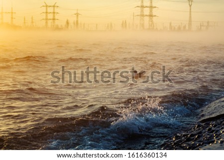 morning coastal waves and a floating seagull at dawn in foggy haze and industrial facilities at the back