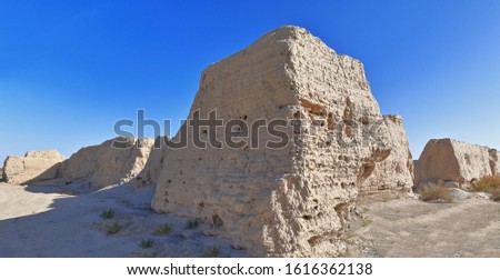 Rammed earth walls-ruins of ancient Pochengzi watchtower fortress-part of the Han era frontier defenses-border post on the western limits of the Chinese empire. Guazhou county-Gansu province-China.