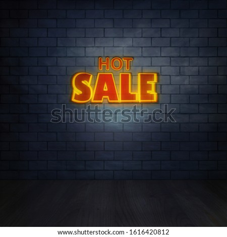 Glowing neon, hot sale promo sign on a brick wall background