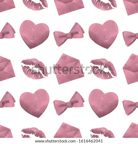 Watercolor style Valentine seamles spattern with heart, kiss print, ribbon and love letter on white background