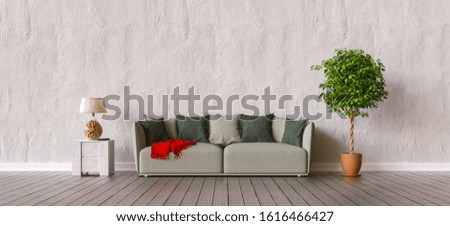 Sofa in a living room with copy space on the wall for picture canvas