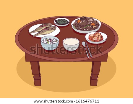 Korean traditional everyday food is served on Korean traditional table. hand drawn style vector design illustrations. 