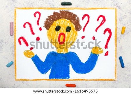Colorful drawing:  Surprised young boy and question marks around him. Problem and solution concept