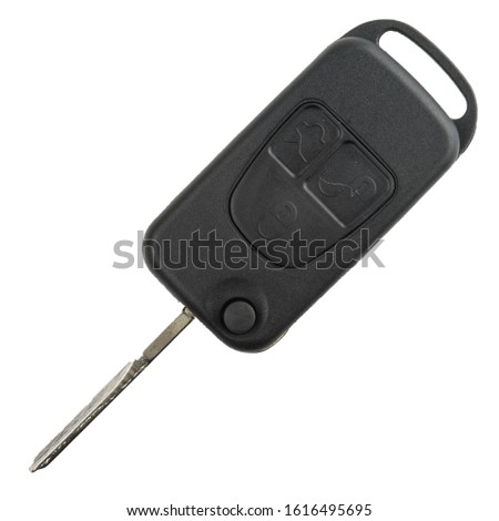 The car key with remote control. on white background. Alarm system remote control isolated on white background, top view, side view. Locksmith services, repair of keys for the car. Second key for car.