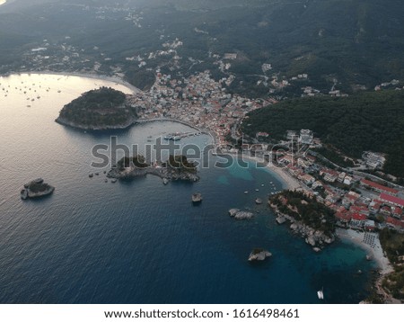 Parga Greek riviera Aerial view Preveza Greek Caribbean near sivota. Aerial photography landscape of the famous tourist place riviera named parga Greece Europe tourist place summer holidays drone view
