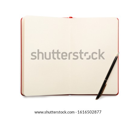 Open empty notebook and pen isolated on white, top view