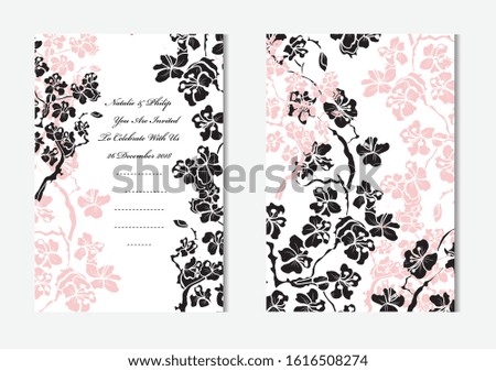 Elegant cards with decorative sakura flowers, design elements. Can be used for wedding, baby shower, mothers day, valentines day, birthday cards, invitations, greetings. Vintage decorative flowers.
