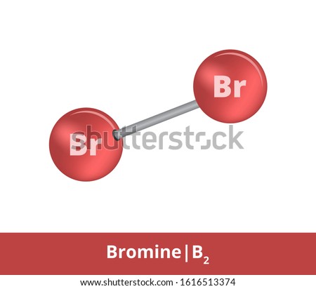 Vector ball-and-stick model of chemical substance. Dark red icon of bromine molecule Br2 with one single bond. Structural formula of bromine is suitable for education and isolated on a white backgroud Royalty-Free Stock Photo #1616513374