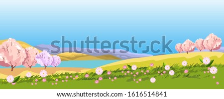 Vector spring background with flowers, green grass, trees in bloom, hills, lake and sky. Horizontal landscape with plum garden. Banner with copy space in hand drawn style.