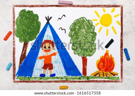 Photo of colorful drawing: Camping in forest, smiling boy in tent, campfire. Relax in nature