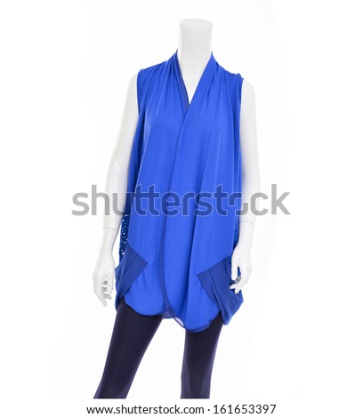 Blue dress and black trousers on female mannequin 