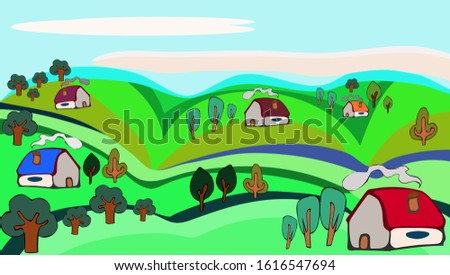 Village in the midst of spring. Landscape, fields and houses. Cartoon