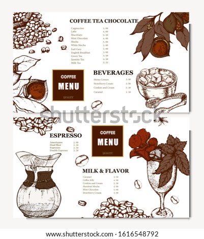 Coffee illustration. Hand drawn vector banner. Coffee beans, dessert, cup, bag. Menu