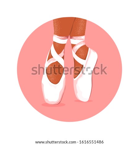 Isolated ballerina pointe shoes in pink circle. Icon for ballet class. Studio logo design. Vector Illustration
