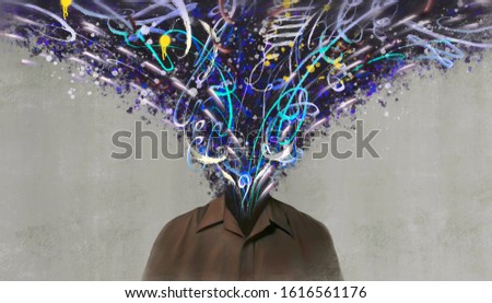 Idea of imagination concept, surreal scene a man with colorful abstract head, painting