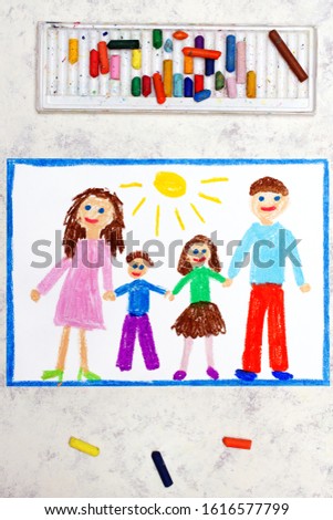 Photo of colorful drawing: happy family, mother, dad, son and daughter