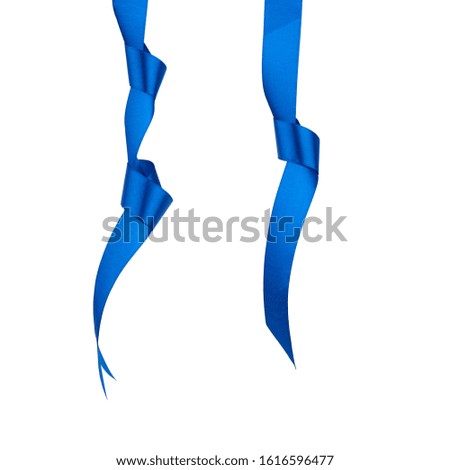 dark blue silk ribbon hanging with a knotted and isolated on a white background, element for the designer