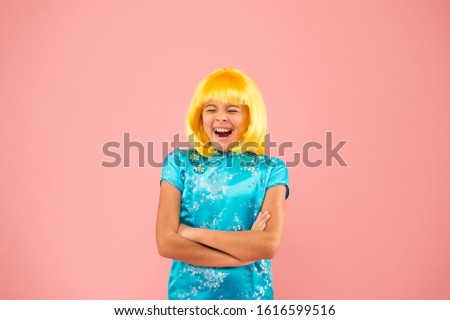 Pop culture. Anime fan. Cosplay kids party. Child cute cosplayer. Cosplay outfit. Otaku girl wig smiling pink background. Cosplay character concept. Hobby and entertainment. Eastern trends for teens.