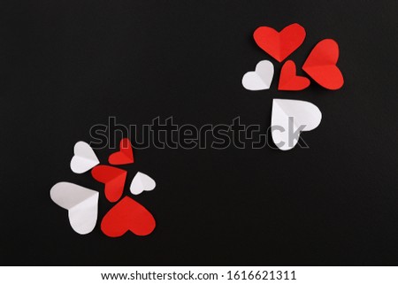 Valentine's Day background. The envelope, the calendar, The 14th of February, hearts, top view