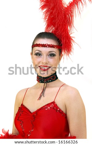 Variety show dancer in red at white background