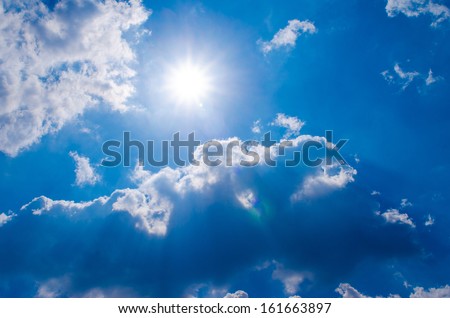 blue sky with sun and beautiful clouds, sunny day