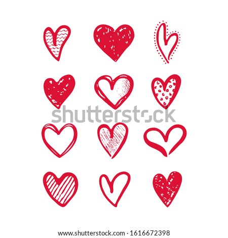 Hearts isolated on a white background. Vector hand drawn symbols for love, wedding, Valentine's day or other romantic design. Set of 12 various decorative shapes. Pink doodle illustrations.