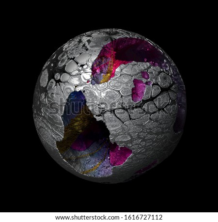 3d render of abstract art 3d silver metal broken planet earth with big damage and rough and grunge surface with organic pattern and multi color cracked holes in pink blue and yellow color on black 