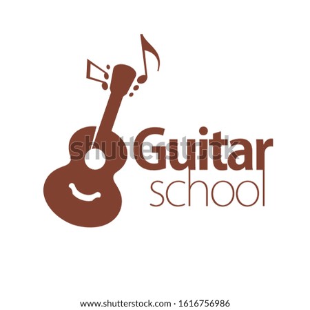 Smiling guitar and notes logotype concept. Suitable for music schools, music instruments stores, learning courses etc. Editable EPS vector
