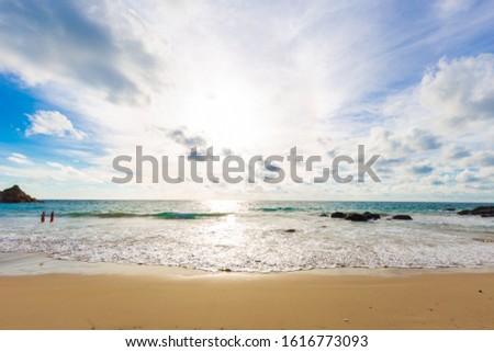 Beautiful sea wave on sandy beach evening sunset light summer vacation scene