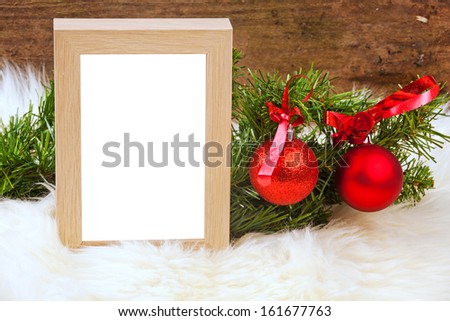 Empty picture, photo frame on table. Christmas.