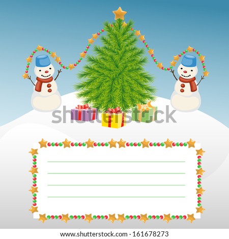 Vector Christmas template with snowman and Christmas tree