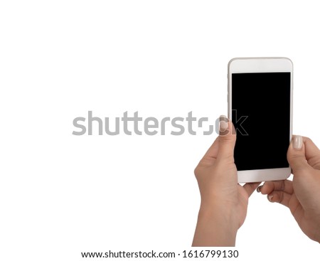 Close up hand holding phone black screen free from copy space with clipping path on white background.