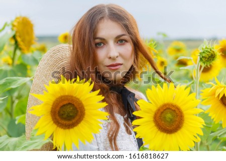 Portrait of a pretty girl in a field of sunflowers. Warm autumn shot in a field of sunflowers.