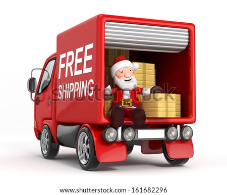 3d cartoon santa claus in truck with cardboard box