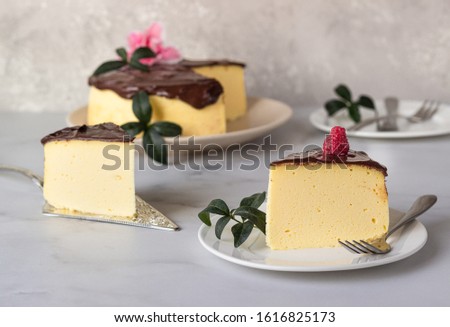 Jiggly and fluffy Japanese cotton souffle cheesecake decorated with chocolate glaze on ceramic plate. Light grey background.
