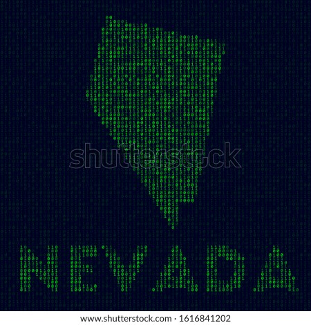 Digital Nevada logo. US state symbol in hacker style. Binary code map of Nevada with US state name. Creative vector illustration.