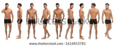 Collage of man in black underwear on white background Royalty-Free Stock Photo #1616853781