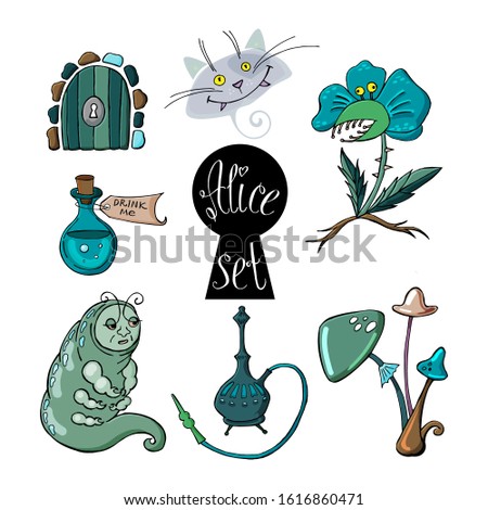 Alice in Wonderland set with caterpillar, magic drink, door, keyhole, predatory flower, Cheshire cat and mushrooms. Vector illustration. Eps 10