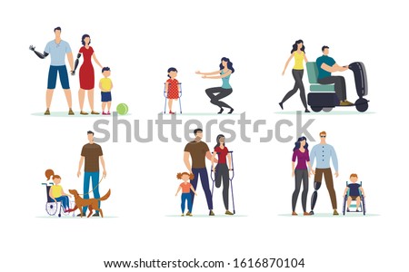 Disabled People, Children and Family Members with Disabilities Isolated, Trendy Flat Vector Characters Set . Parents with Prosthesis, Kid in Wheelchair, Paraplegic Man on Electric Scooter Illustration