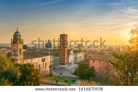 Pietrasanta old town aerial view at sunset, San Martino cathedral and torre civica. Versilia Lucca Tuscany Italy Europe Royalty-Free Stock Photo #1616870938