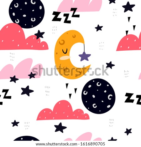 Seamless pattern with cartoon clouds, moon, crescent, stars, decor elements. Flat style, colorful vector illustration for kids. hand drawing. baby design for fabric, textile, wrapper, print.