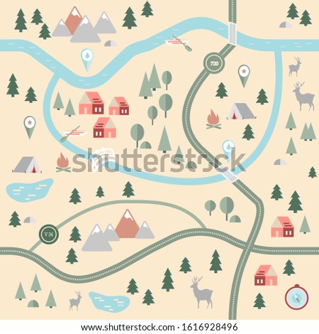 Seamless, endless pattern with a map of the area, with forest, expensive and river. Map with signs and symbols. Adventure Time.